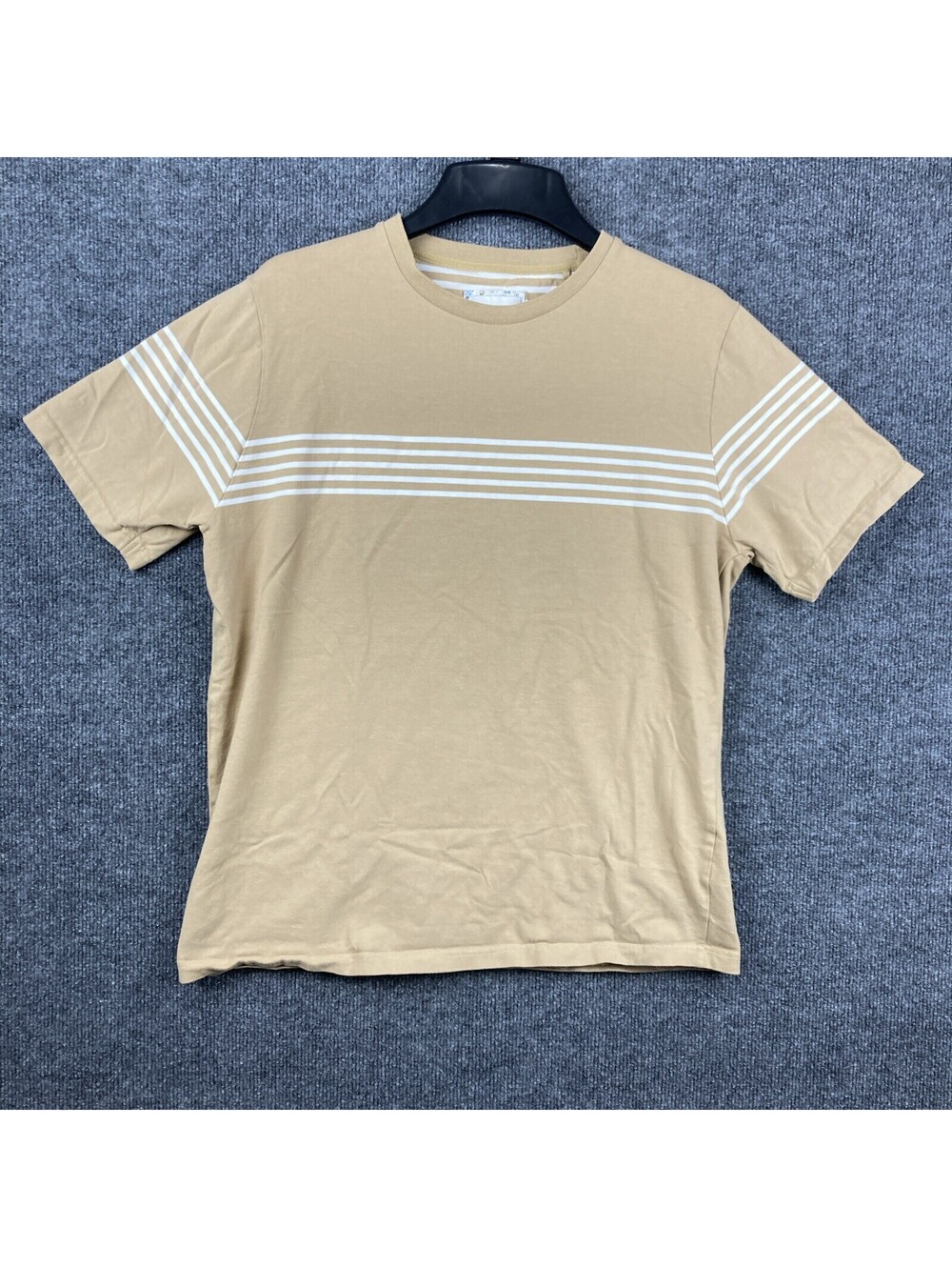 Denim & Flower Mens Size Large Short Sleeve Tan & White Stripes Shirt EUC